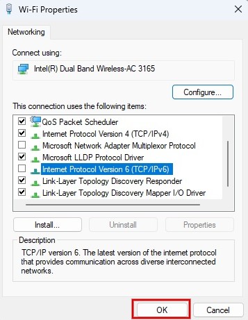 Uncheck "Internet Protocol; Version 6"  field and click OK.