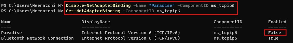 Enter the Powershell command to disable IPv6 for specific adapter.