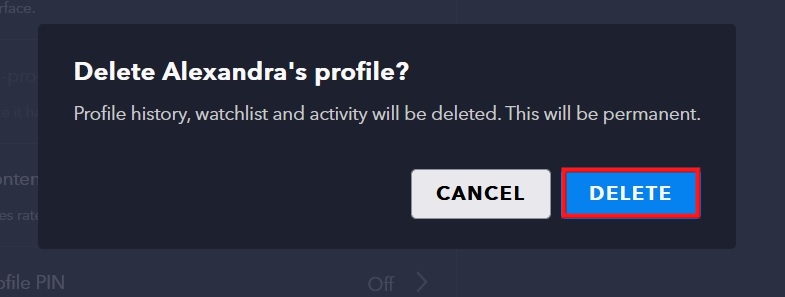 Delete confirmation pop-up on Disney Plus in browser.