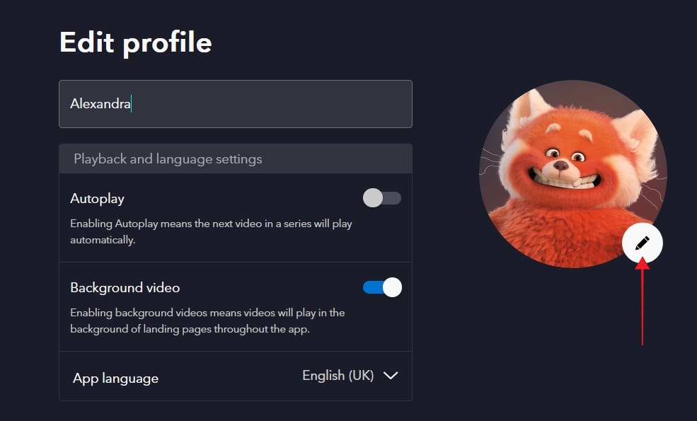 Changing profile picture option and more in Disney Plus on the Web.