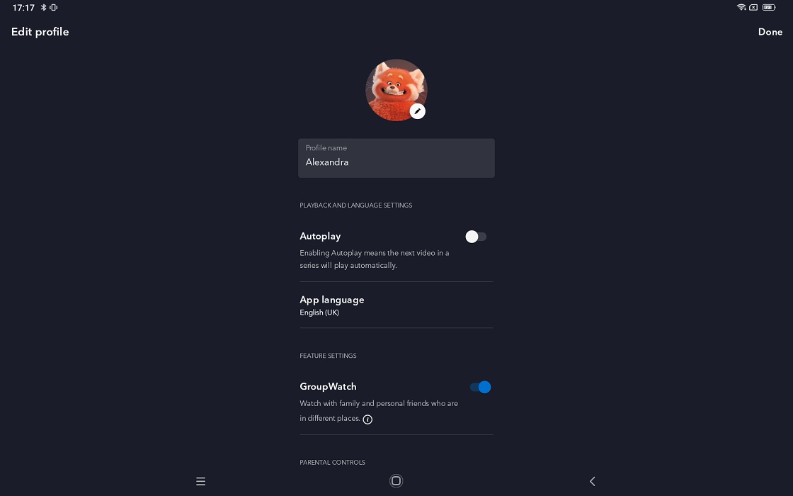 Options in "Edit profile" screen in Disney Plus app for Android.