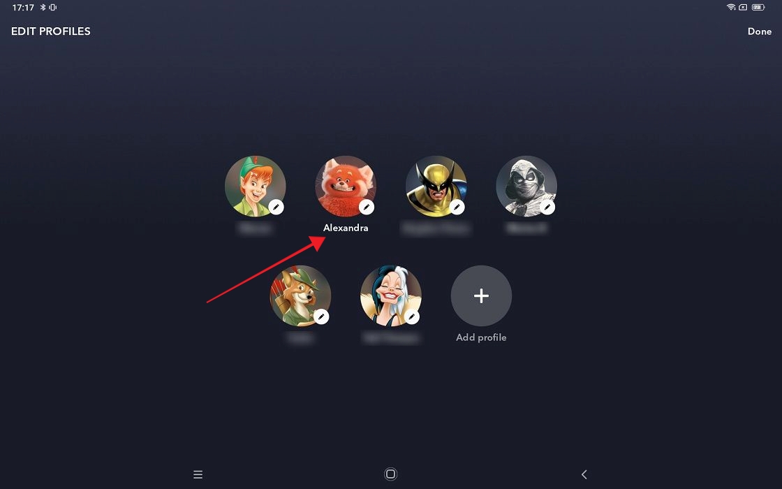 Clicking on the profile you wish to edit in Disney Plus app for Android.