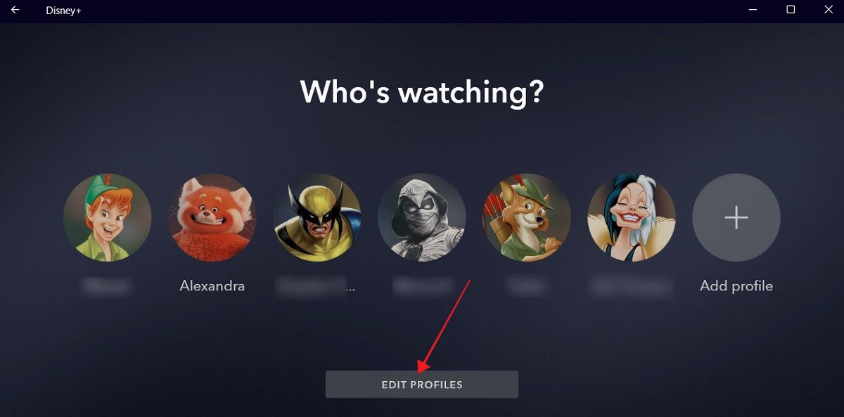 Selecting a profile to edit in the Disney Plus desktop app. 