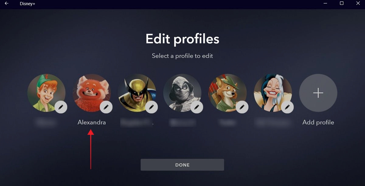 Select profile to edit under "Edit profiles" in the Disney Plus desktop app. 