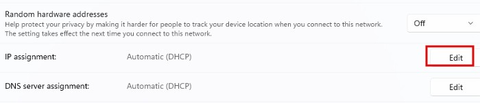 Clicking "Edit" on the section IP assignment.