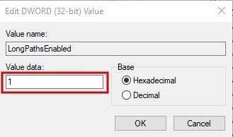 Entering "1" on the field value data for key in Registry Editor.