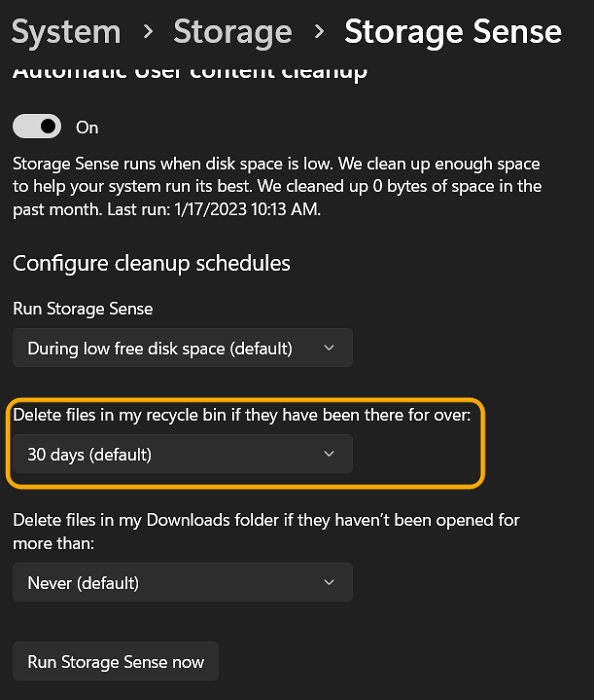 Clicking on "Delete files in my recycle bin if they have been there for over" under Storage in Settings.