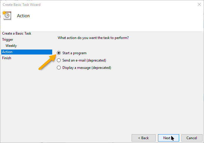 Clicking on "Start a program" button in Task Scheduler.