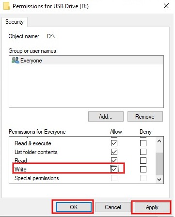Click write checkbox under Allow column