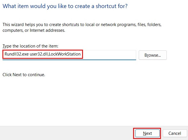 Entering command in "What item would you like to create a shortcut for" window. 
