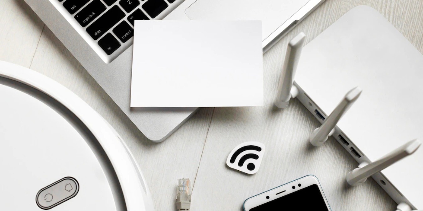 This photo shows top view of wi-fi router with wireless controlled devices