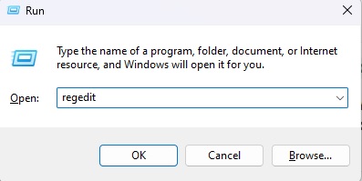 Typing "regedit" in Run window.