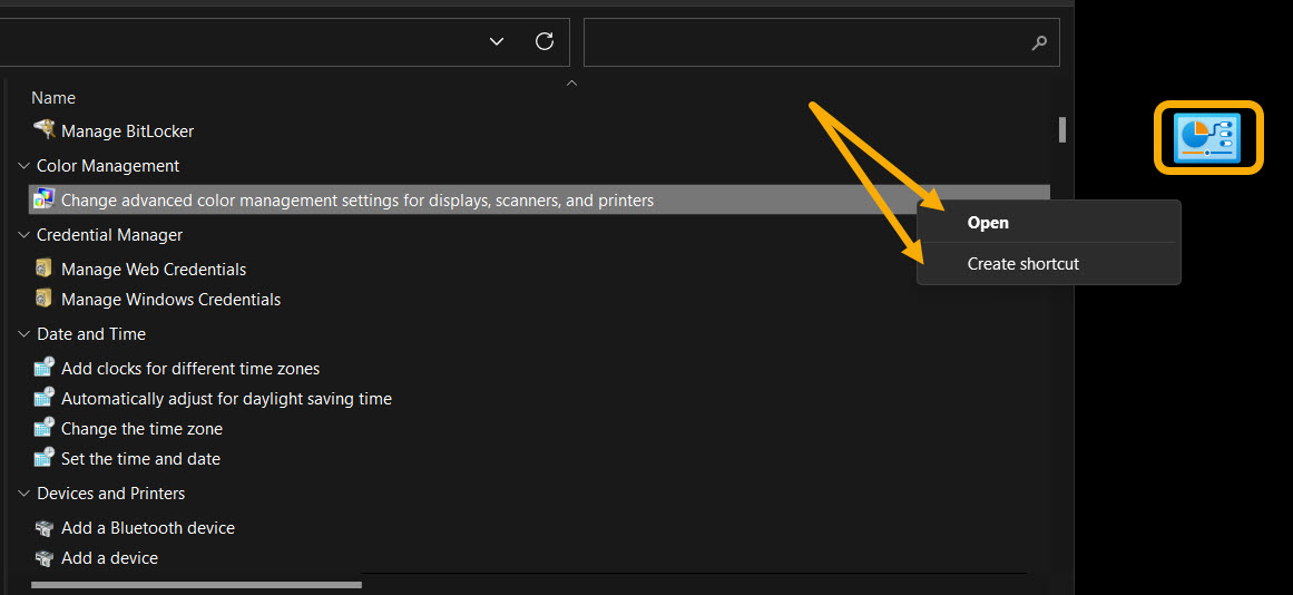 Creating a setting shortcut from GodMode.