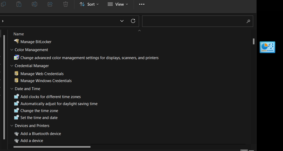 List of settings in GodMode. 