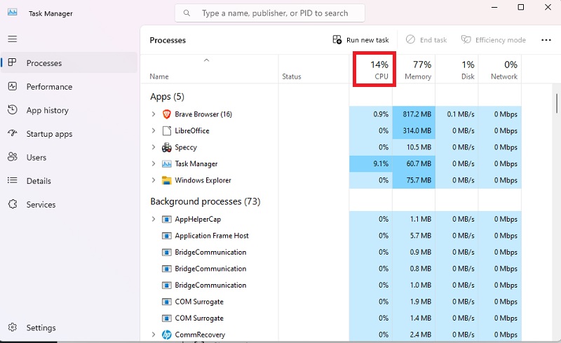 CPU consumption shown in Task Manager.