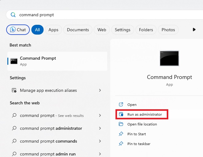 Typing "command prompt" via the Start menu.