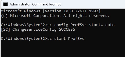 Running a "sc start" command in cmd.