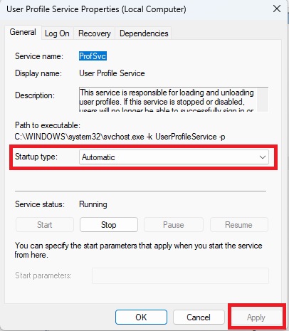Setting "Startup type" to "Automatic" in "User Profile Service" properties.