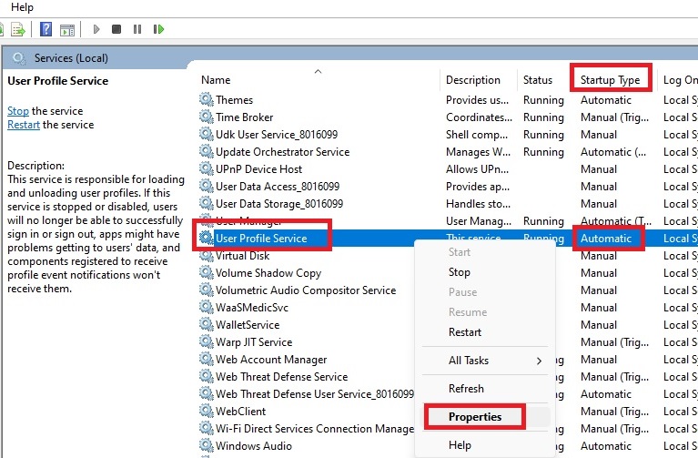Selecting "Properties" for "User Profile Service" in Services app.