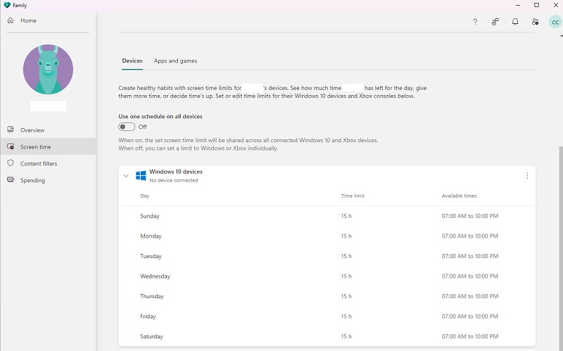 Checking screen time for Windows devices in Family Safety app. 