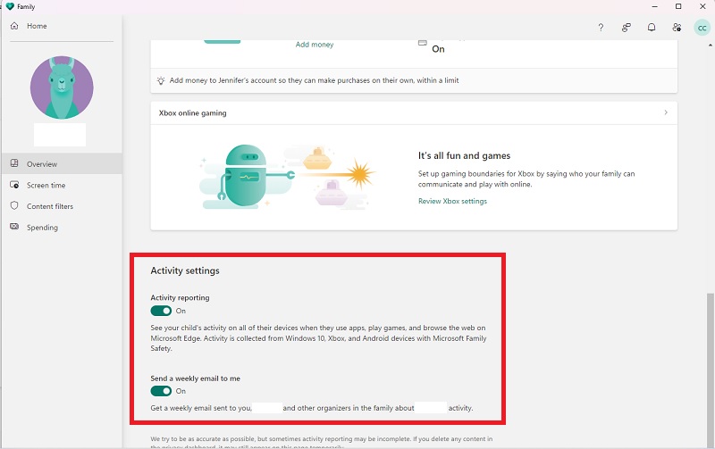 Turning on "Activity reporting" option under Overview in Family Safety app. 
