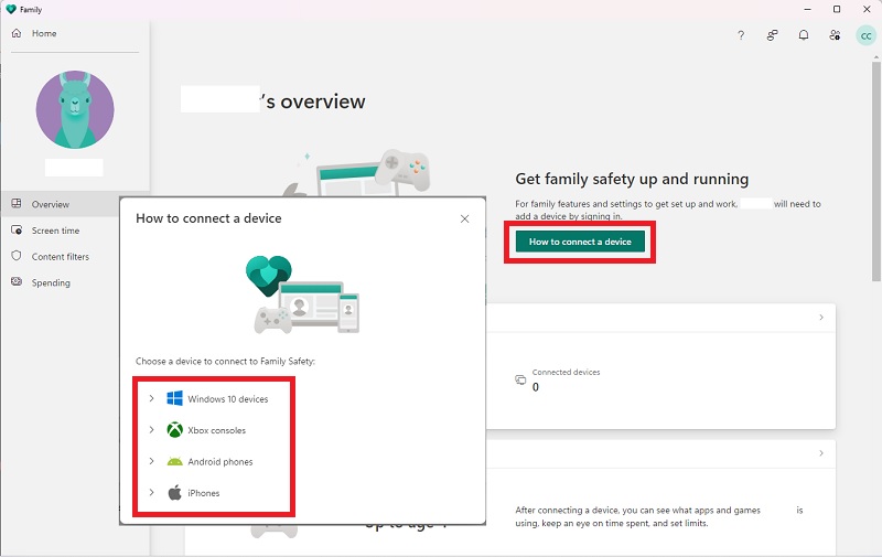 Clicking on "How to connect a device" option in Family Safety app.