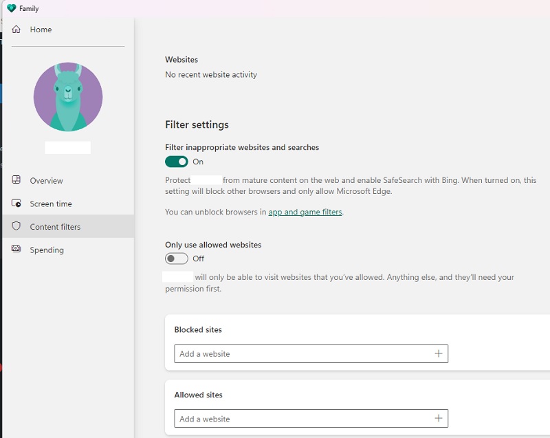Setting up filters in in Family Safety app. 