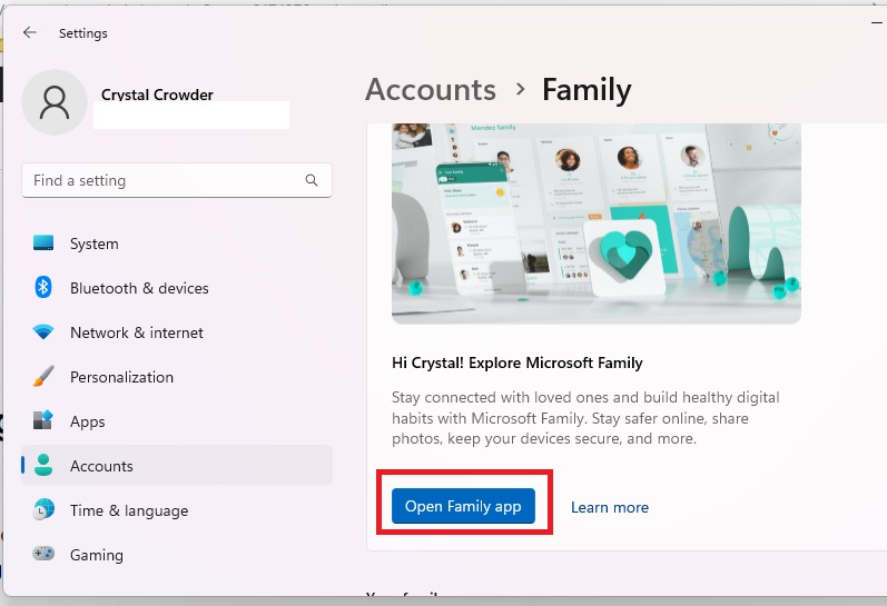 Clicking on "Open Family app" under "Family" in Settings.