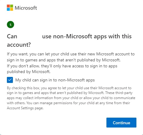 Selecting whether child can use third-party apps. 