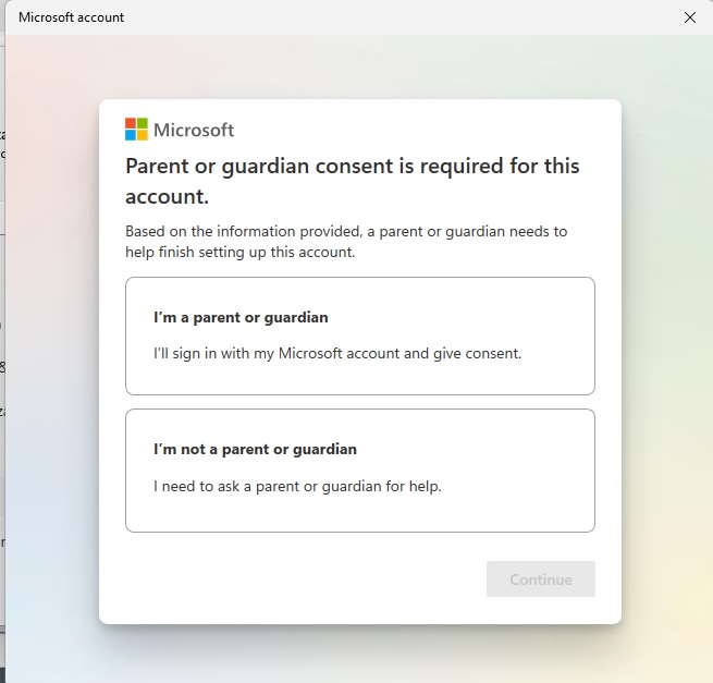 Parent and guardian consent window while setting up child account.