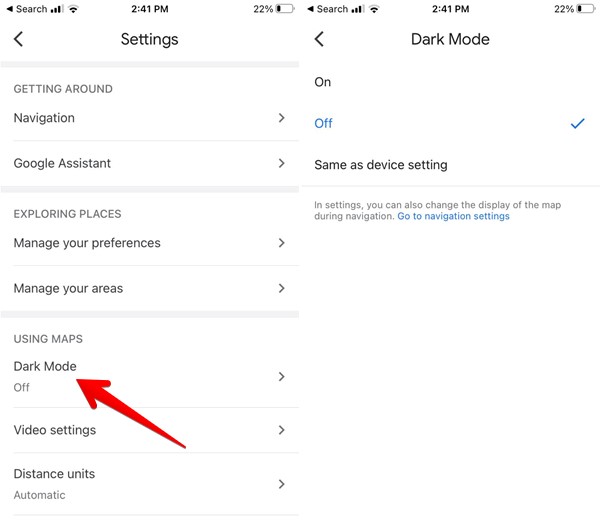 Tapping on "Dark Mode" option in Google Maps app for iOS.