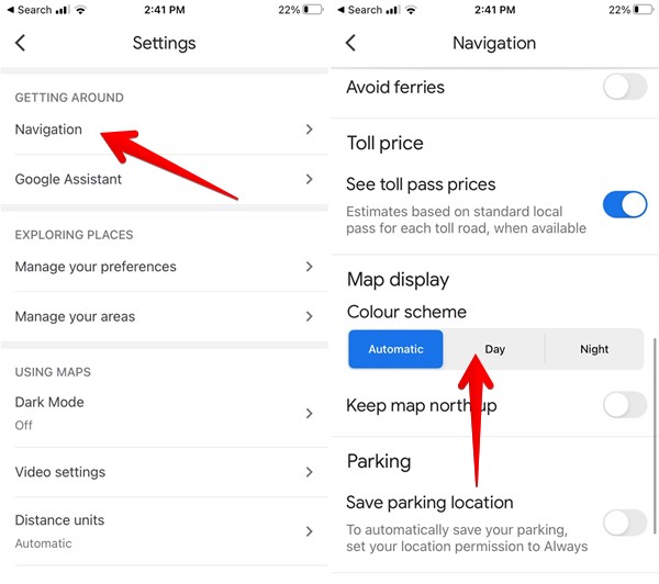 Pressing on "Navigation" to bring up "Map display" option in Google Maps app for iOS.