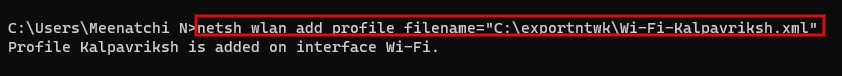 Importing a specific WLAN profile via Command Prompt command. 