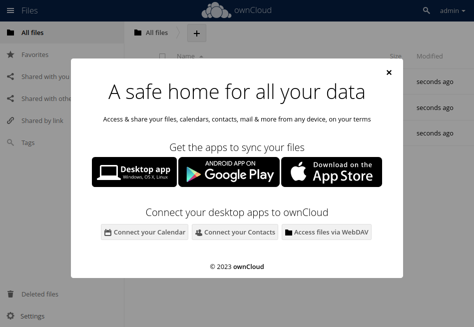 A screenshot of the ownCloud default landing screen.
