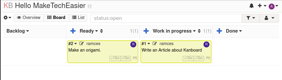 A screenshot of a working Kanboard instance.