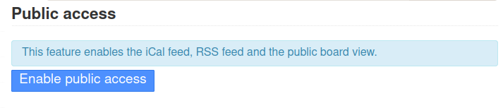A screenshot showing the "Enable public access" button in Kanboard.