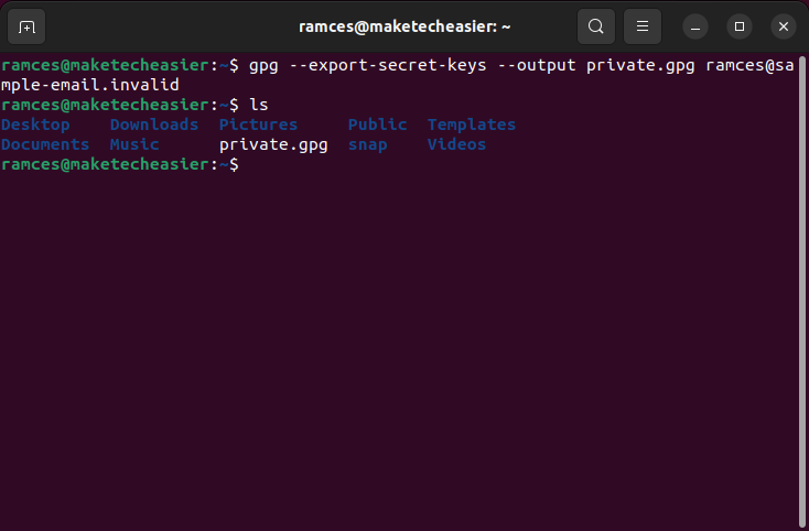 A terminal showing the private key export process.