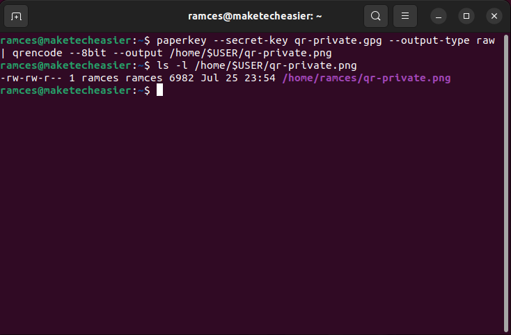 A terminal showing the results of the QRencode program.