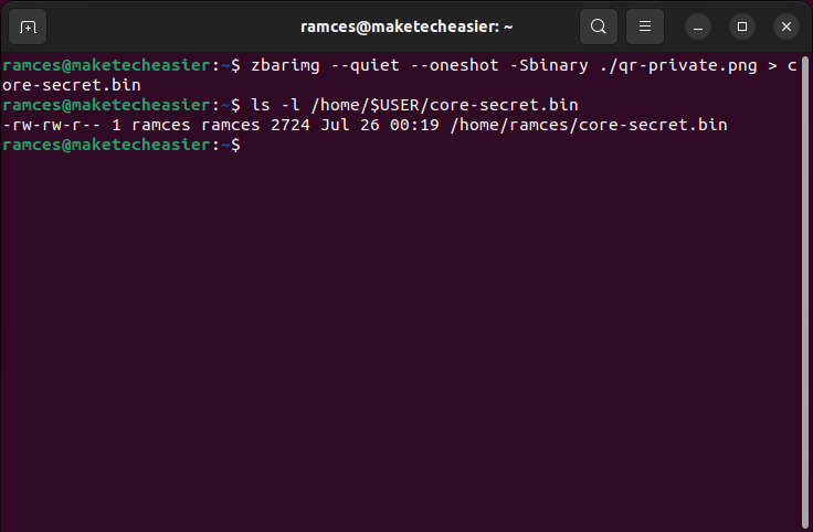 A terminal showing the process of removing core secret data from a QR code.