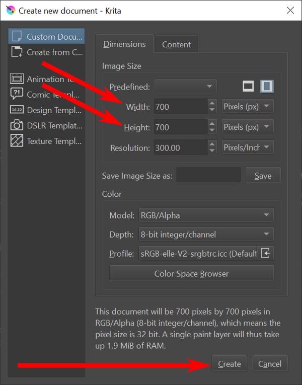 Krita Create New Document Red Arrows On Height Width Create Screenshot