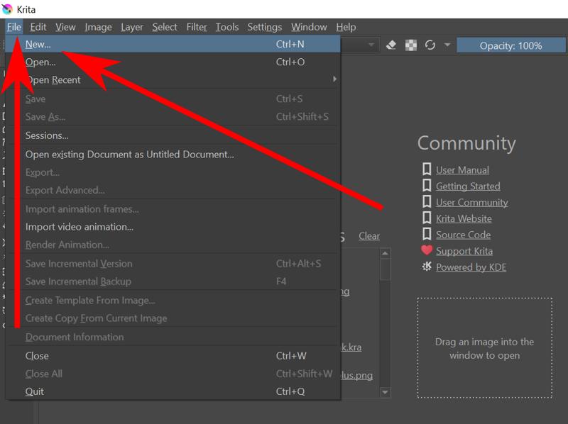 Krita Red Arrows On File New