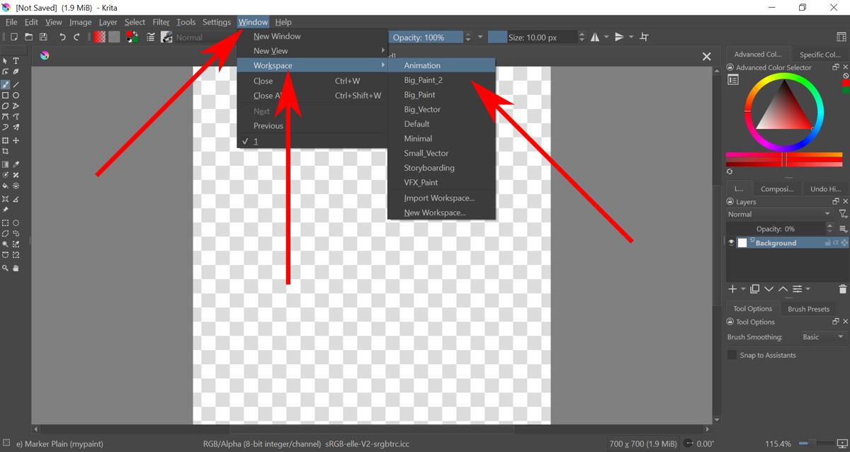 Krita Red Arrows To Animation Workspace