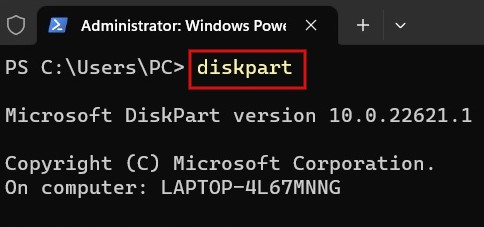 Typing diskpart on Windows PowerShell,