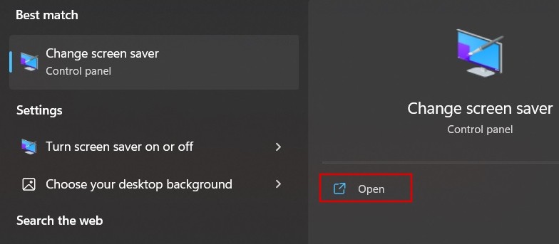 Opening "Change screen saver" from Windows Search. 
