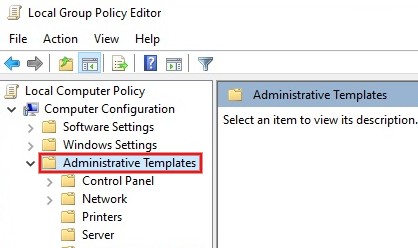 Expanding the menu "Administrative templates" in Group Policy Editor. 