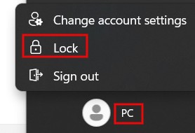 Selecting "Lock" option to lock PC from Start menu.
