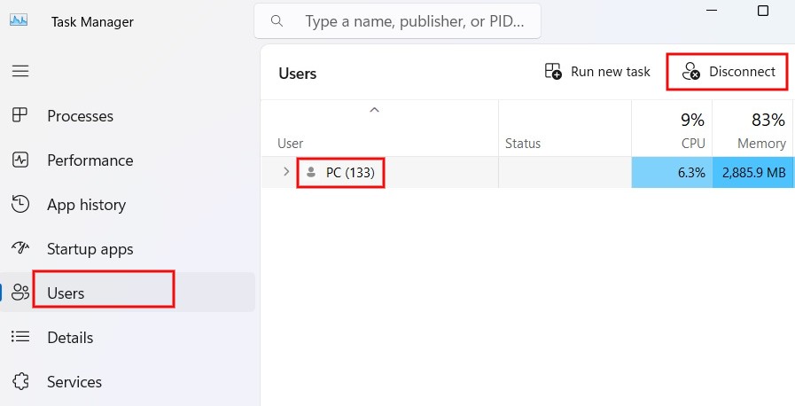 Selecting user profile in Task Manager and clicking "Disconnect" button. 