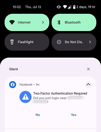 Facebook two-factor authentication notification visible. 