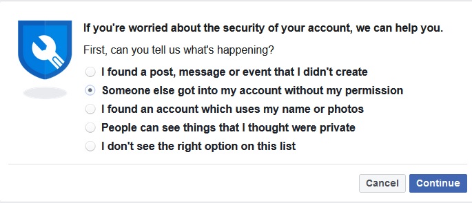 Facebook hacked page where you can ask for help. 