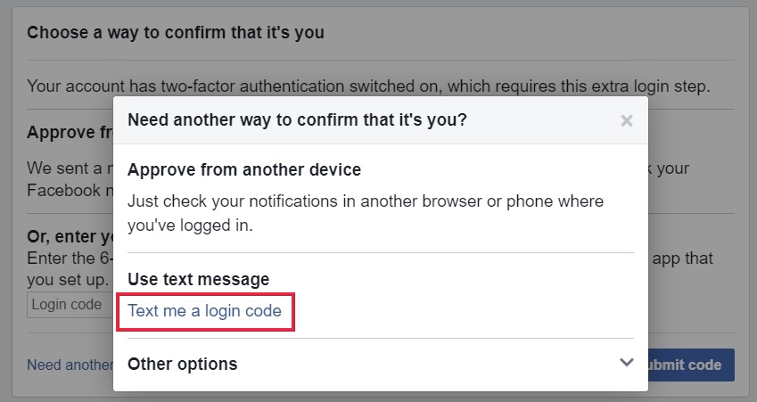 Clicking "Text me a login code" option.